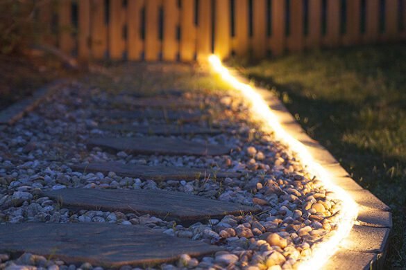 modern garden edging idea with rope lights